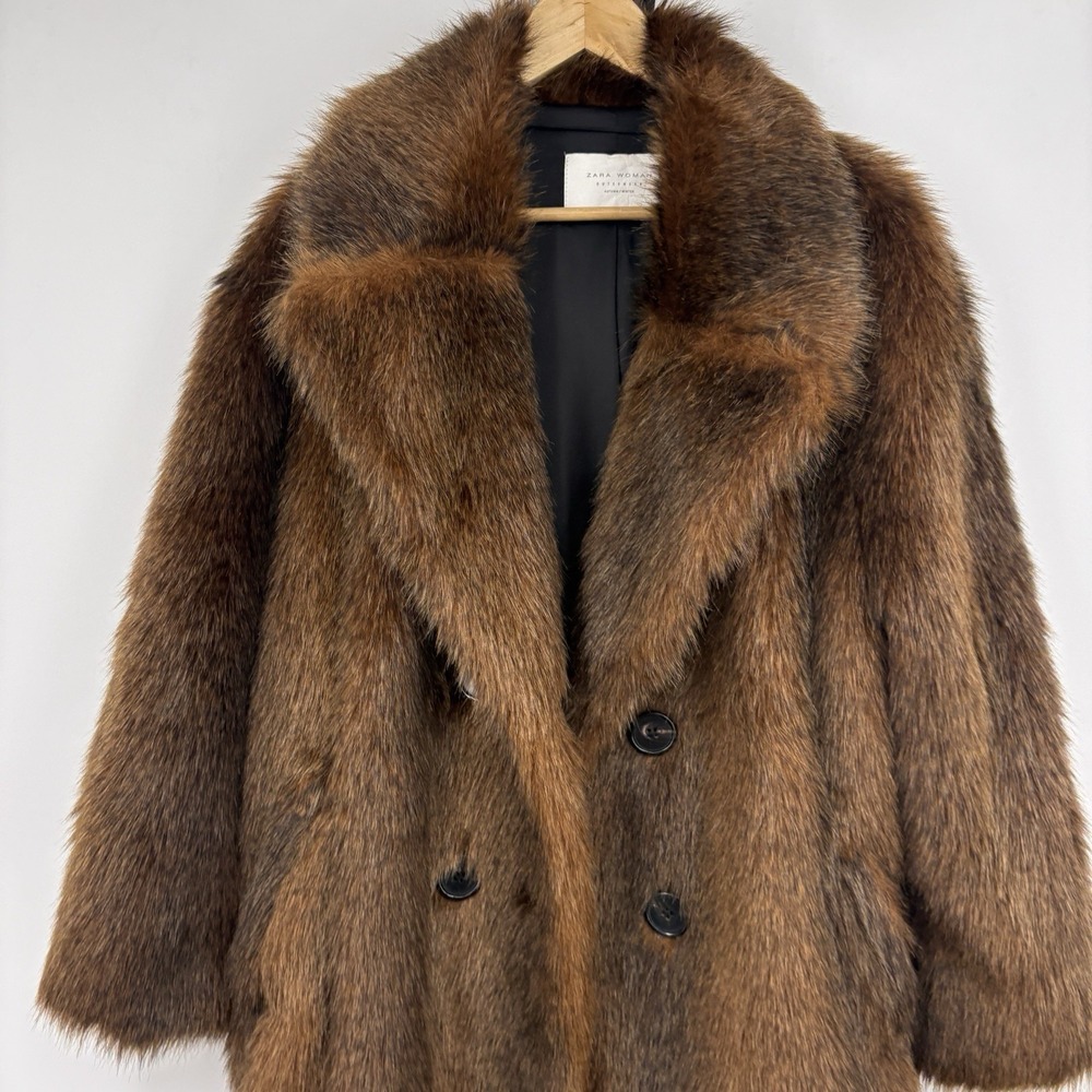 Zara Faux Fur Coat XLarge Plush Glam Old Money Indie Sleaze Double Breasted - Picture 3 of 8